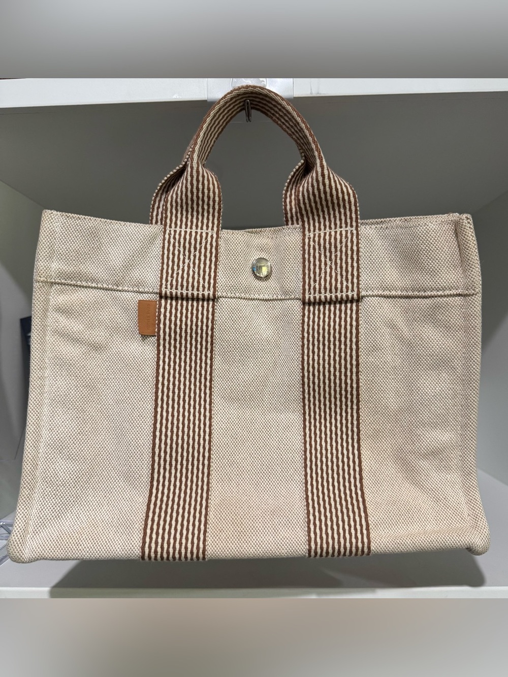 Hermes Beige Canvas Tote with Brown Striped Handles